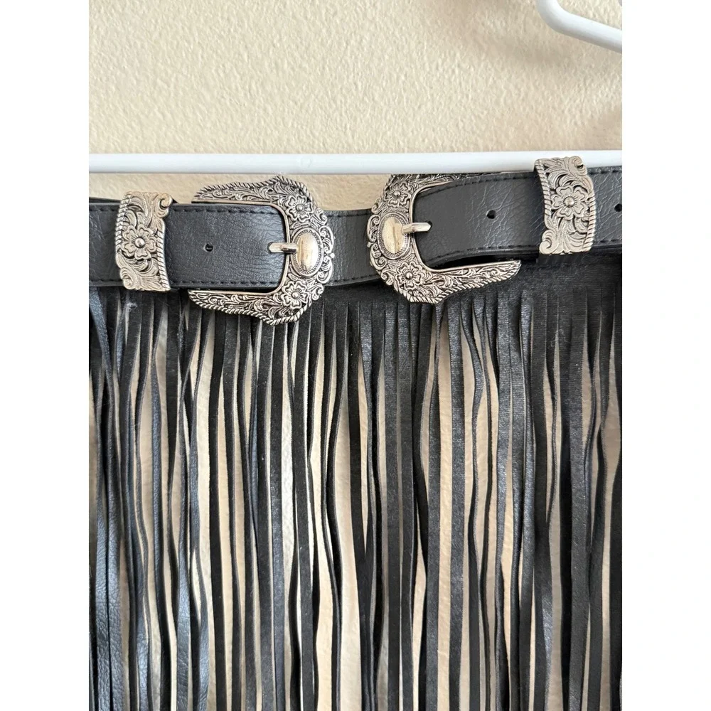 Western‎ Black Faux Leather Fringe Belt Skirt Double Buckle Festival Cowgirl - Picture 2 of 8